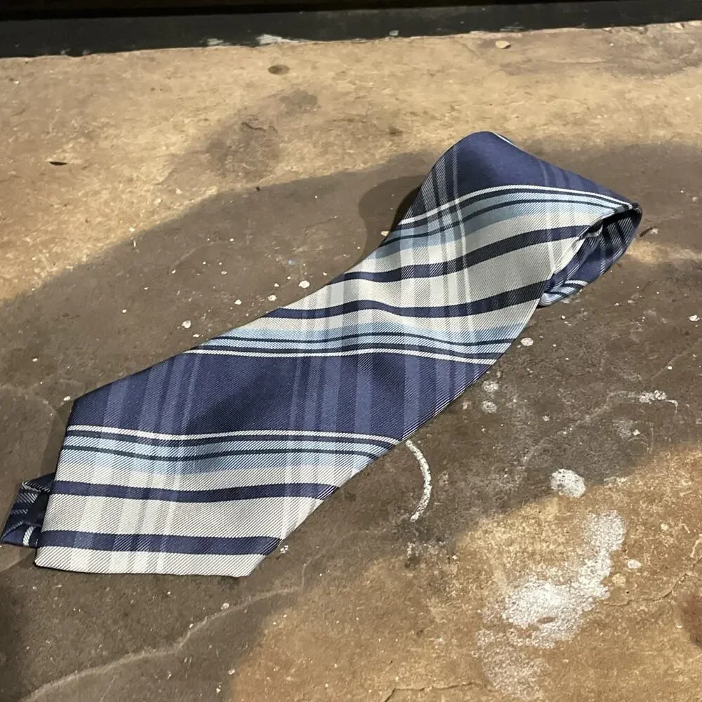 Kai Long Tie 100% Silk Blue Plaid Diagonal Pattern Handmade